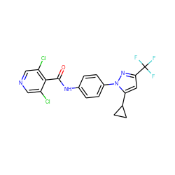 O=C(Nc1ccc(-n2nc(C(F)(F)F)cc2C2CC2)cc1)c1c(Cl)cncc1Cl ZINC000116816195