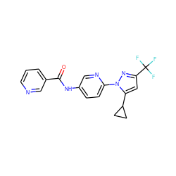 O=C(Nc1ccc(-n2nc(C(F)(F)F)cc2C2CC2)nc1)c1cccnc1 ZINC000116815653