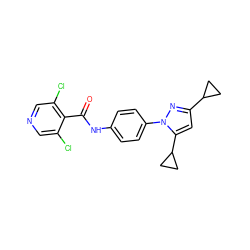 O=C(Nc1ccc(-n2nc(C3CC3)cc2C2CC2)cc1)c1c(Cl)cncc1Cl ZINC000117407134