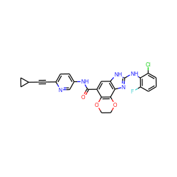 O=C(Nc1ccc(C#CC2CC2)nc1)c1cc2[nH]c(Nc3c(F)cccc3Cl)nc2c2c1OCCO2 ZINC000205325469