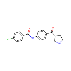 O=C(Nc1ccc(C(=O)[C@@H]2CCNC2)cc1)c1ccc(Cl)cc1 ZINC000117718197