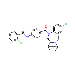 O=C(Nc1ccc(C(=O)N2C[C@@H]3C4CCC(CC4)N3Cc3cc(Cl)ccc32)cc1)c1ccccc1Cl ZINC000013860006