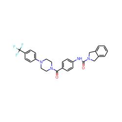 O=C(Nc1ccc(C(=O)N2CCN(c3ccc(C(F)(F)F)cc3)CC2)cc1)N1Cc2ccccc2C1 ZINC000166945607