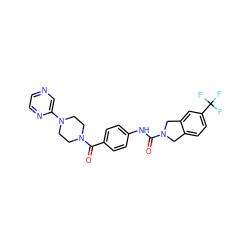 O=C(Nc1ccc(C(=O)N2CCN(c3cnccn3)CC2)cc1)N1Cc2ccc(C(F)(F)F)cc2C1 ZINC000167252158