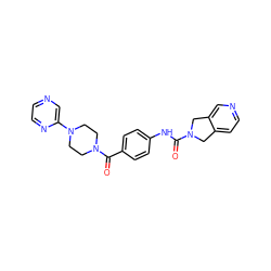 O=C(Nc1ccc(C(=O)N2CCN(c3cnccn3)CC2)cc1)N1Cc2ccncc2C1 ZINC000166828445