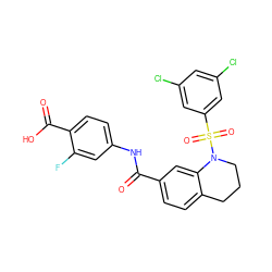 O=C(Nc1ccc(C(=O)O)c(F)c1)c1ccc2c(c1)N(S(=O)(=O)c1cc(Cl)cc(Cl)c1)CCC2 ZINC000059715668