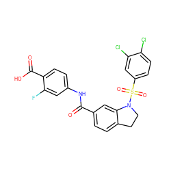 O=C(Nc1ccc(C(=O)O)c(F)c1)c1ccc2c(c1)N(S(=O)(=O)c1ccc(Cl)c(Cl)c1)CC2 ZINC000034949825