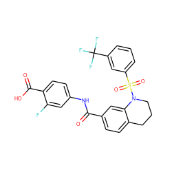 O=C(Nc1ccc(C(=O)O)c(F)c1)c1ccc2c(c1)N(S(=O)(=O)c1cccc(C(F)(F)F)c1)CCC2 ZINC000059715670