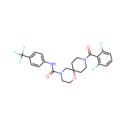 O=C(Nc1ccc(C(F)(F)F)cc1)N1CCOC2(CCN(C(=O)c3c(F)cccc3F)CC2)C1 ZINC000103233551