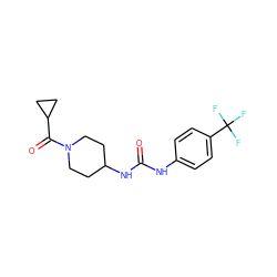 O=C(Nc1ccc(C(F)(F)F)cc1)NC1CCN(C(=O)C2CC2)CC1 ZINC000040097846