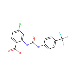 O=C(Nc1ccc(C(F)(F)F)cc1)Nc1cc(Cl)ccc1C(=O)O ZINC000013531888