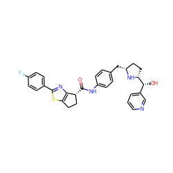 O=C(Nc1ccc(C[C@@H]2CC[C@H]([C@H](O)c3cccnc3)N2)cc1)[C@@H]1CCc2sc(-c3ccc(F)cc3)nc21 ZINC000103252133