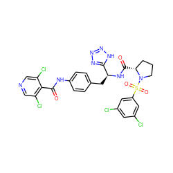 O=C(Nc1ccc(C[C@H](NC(=O)[C@@H]2CCCN2S(=O)(=O)c2cc(Cl)cc(Cl)c2)c2nnn[nH]2)cc1)c1c(Cl)cncc1Cl ZINC000028468421