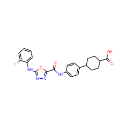 O=C(Nc1ccc(C2CCC(C(=O)O)CC2)cc1)c1nnc(Nc2ccccc2F)o1 ZINC000084705234