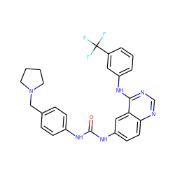 O=C(Nc1ccc(CN2CCCC2)cc1)Nc1ccc2ncnc(Nc3cccc(C(F)(F)F)c3)c2c1 ZINC000653780774