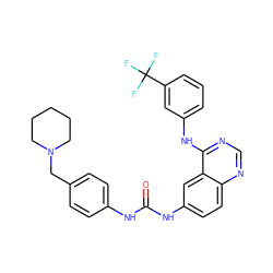 O=C(Nc1ccc(CN2CCCCC2)cc1)Nc1ccc2ncnc(Nc3cccc(C(F)(F)F)c3)c2c1 ZINC000653794117