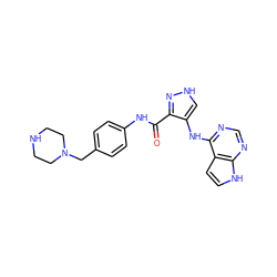 O=C(Nc1ccc(CN2CCNCC2)cc1)c1n[nH]cc1Nc1ncnc2[nH]ccc12 ZINC001772628685