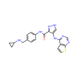 O=C(Nc1ccc(CNC2CC2)cc1)c1n[nH]cc1Nc1ncnc2sccc12 ZINC001772627416