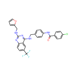 O=C(Nc1ccc(CNc2nc(NCc3ccco3)nc3ccc(C(F)(F)F)cc23)cc1)c1ccc(Cl)cc1 ZINC000143619979