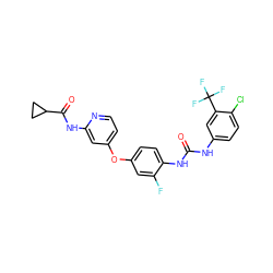 O=C(Nc1ccc(Cl)c(C(F)(F)F)c1)Nc1ccc(Oc2ccnc(NC(=O)C3CC3)c2)cc1F ZINC001772609763