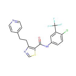 O=C(Nc1ccc(Cl)c(C(F)(F)F)c1)c1scnc1CCc1ccncc1 ZINC000014946561