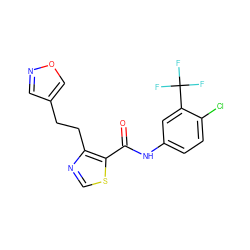 O=C(Nc1ccc(Cl)c(C(F)(F)F)c1)c1scnc1CCc1cnoc1 ZINC000014946560