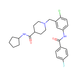 O=C(Nc1ccc(Cl)c(CN2CCC(C(=O)NC3CCCC3)CC2)c1)c1ccc(F)cc1 ZINC000210605549