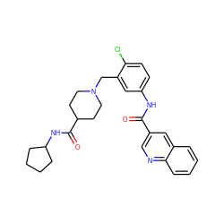 O=C(Nc1ccc(Cl)c(CN2CCC(C(=O)NC3CCCC3)CC2)c1)c1cnc2ccccc2c1 ZINC001772589784