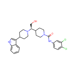 O=C(Nc1ccc(Cl)c(Cl)c1)N1CCC([C@H](CO)N2CCC(c3c[nH]c4ccccc34)CC2)CC1 ZINC000029043998