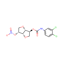 O=C(Nc1ccc(Cl)c(Cl)c1)O[C@H]1CO[C@@H]2[C@H](O[N+](=O)[O-])CO[C@H]12 ZINC000040428665