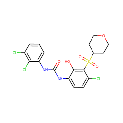 O=C(Nc1ccc(Cl)c(S(=O)(=O)C2CCOCC2)c1O)Nc1cccc(Cl)c1Cl ZINC000653873792