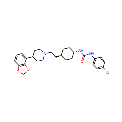 O=C(Nc1ccc(Cl)cc1)N[C@H]1CC[C@H](CCN2CCC(c3cccc4c3OCO4)CC2)CC1 ZINC000261101650