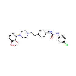 O=C(Nc1ccc(Cl)cc1)N[C@H]1CC[C@H](CCN2CCN(c3cccc4c3OCO4)CC2)CC1 ZINC000261146726