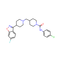 O=C(Nc1ccc(Cl)cc1)N1CCC(CN2CCC(c3noc4cc(F)ccc34)CC2)CC1 ZINC000653796440