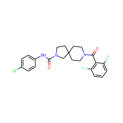 O=C(Nc1ccc(Cl)cc1)N1CCC2(CCN(C(=O)c3c(F)cccc3F)CC2)C1 ZINC000096285151