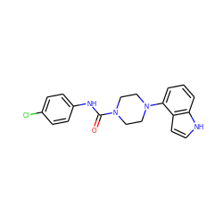 O=C(Nc1ccc(Cl)cc1)N1CCN(c2cccc3[nH]ccc23)CC1 ZINC000001042176