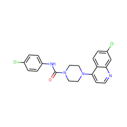 O=C(Nc1ccc(Cl)cc1)N1CCN(c2ccnc3cc(Cl)ccc23)CC1 ZINC000072180539