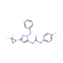 O=C(Nc1ccc(Cl)cc1)Nc1cc([C@@H]2CC2(F)F)nn1Cc1ccccc1 ZINC000299818892