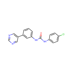 O=C(Nc1ccc(Cl)cc1)Nc1cccc(-c2cncnc2)c1 ZINC001772643396