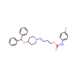 O=C(Nc1ccc(Cl)cc1)OCCCCN1CCC(OC(c2ccccc2)c2ccccc2)CC1 ZINC000028650672