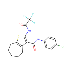 O=C(Nc1ccc(Cl)cc1)c1c(NC(=O)C(F)(F)F)sc2c1CCCCC2 ZINC000004150893