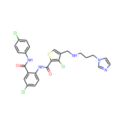 O=C(Nc1ccc(Cl)cc1)c1cc(Cl)ccc1NC(=O)c1scc(CNCCCn2ccnc2)c1Cl ZINC000014963746