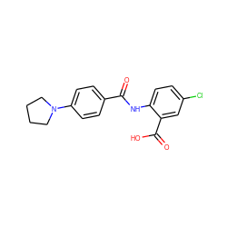 O=C(Nc1ccc(Cl)cc1C(=O)O)c1ccc(N2CCCC2)cc1 ZINC000113791875