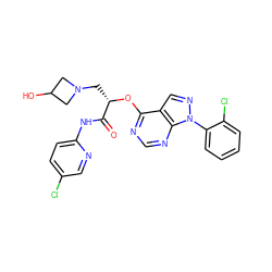 O=C(Nc1ccc(Cl)cn1)[C@H](CN1CC(O)C1)Oc1ncnc2c1cnn2-c1ccccc1Cl ZINC000114688101