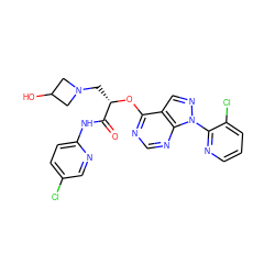 O=C(Nc1ccc(Cl)cn1)[C@H](CN1CC(O)C1)Oc1ncnc2c1cnn2-c1ncccc1Cl ZINC000114684378