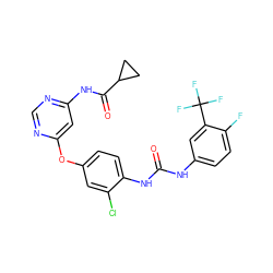 O=C(Nc1ccc(F)c(C(F)(F)F)c1)Nc1ccc(Oc2cc(NC(=O)C3CC3)ncn2)cc1Cl ZINC000206658458