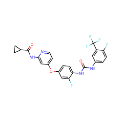 O=C(Nc1ccc(F)c(C(F)(F)F)c1)Nc1ccc(Oc2ccnc(NC(=O)C3CC3)c2)cc1F ZINC001772571730