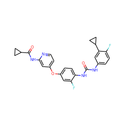 O=C(Nc1ccc(F)c(C2CC2)c1)Nc1ccc(Oc2ccnc(NC(=O)C3CC3)c2)cc1F ZINC001772642327