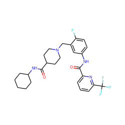 O=C(Nc1ccc(F)c(CN2CCC(C(=O)NC3CCCCC3)CC2)c1)c1cccc(C(F)(F)F)n1 ZINC000210662182