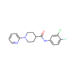 O=C(Nc1ccc(F)c(Cl)c1)C1CCN(c2ccccn2)CC1 ZINC000072946668